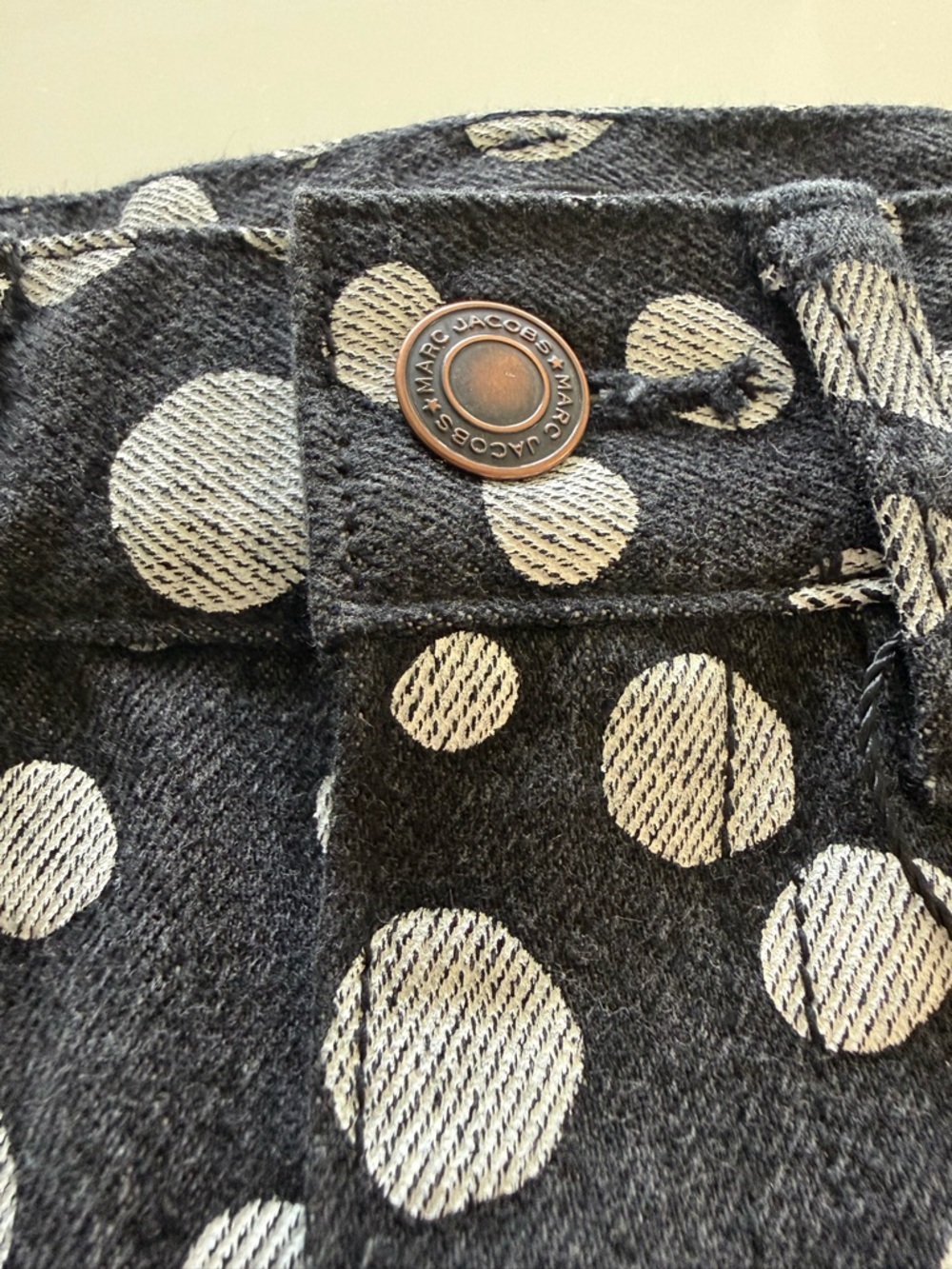 Marc Jacobs Black and White Polka Dot Denim Skirt with Leather Logo Patch - Picture 9 of 11